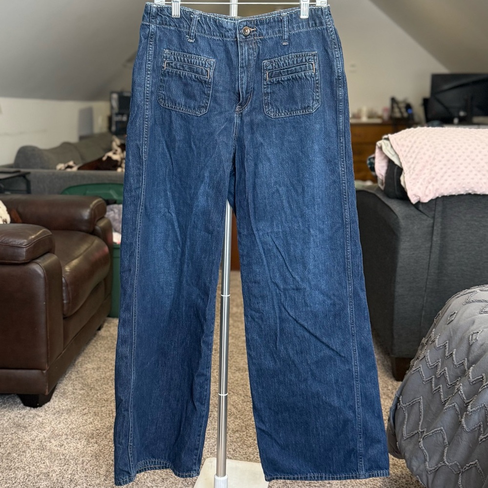 Old Navy High Rise Baggy Wide Leg Jeans Size 8 Tall Dark Wash 100% Cotton